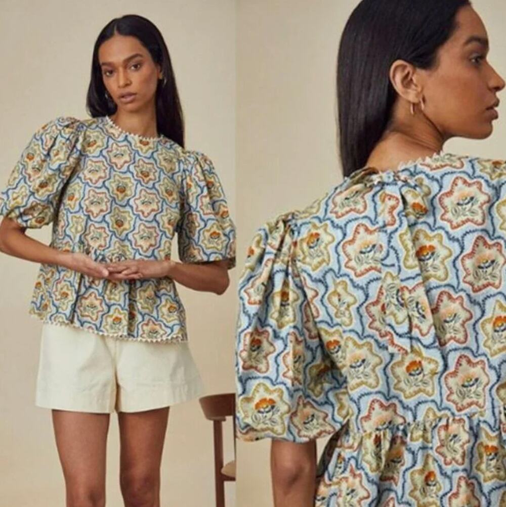 Hunter Bell Tuckernuck Lenny Blouse Top Tea Time Floral Print Puff Sleeve Peplum